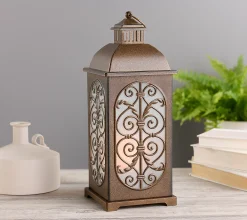 Indoor/Outdoor 18" Flickering Flame Metal Leaf Lantern by Valerie - Bronze