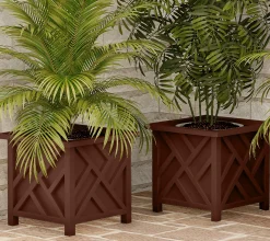 Pure Garden 2 Lattice Design 14.75" Planter Flower Plant Pots - Brown