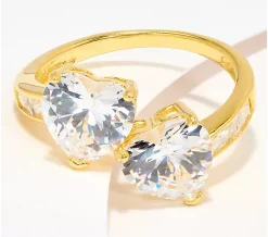 Diamonique Double Heart Ring, Sterling Silver - Yellow, 11