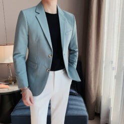 Mens Simple Sophisticated Casual Single-Breasted Two-Button Suit - Light Greenish Blue, M