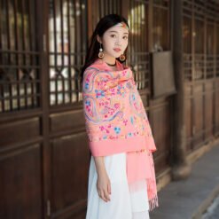 Embroidered Ethnic-Style Great Wall Cashew-Pattern Embroidery Cashmere Scarf - Watermelon Red, 200cm