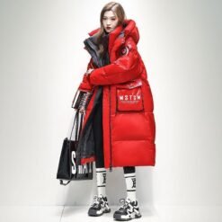 Womens Winter Loose Western-Style Over-the-Knee Long Thermal Patchwork Down Jacket - Red, S