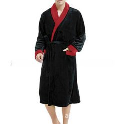 Men's Large Size Bathrobe Long Sleeve Nightgown - Lapel Black And Red Combo, XXL