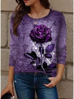 Womens Casual T Shirt With 3D Printed Crew Neck And Long Sleeves - WA28ZQ250325Y095, S