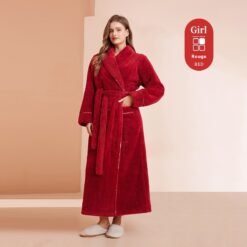 Autumn And Winter Thickened Cotton Velvet Nightgown Men's Winter Plus-sized Plus Size Light Luxury Couple Bathrobe Women's Extended Pajamas - 2102 Angola Red Female, M