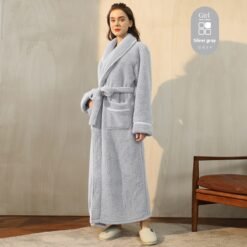 Autumn And Winter Thickened Cotton Velvet Nightgown Men's Winter Plus-sized Plus Size Light Luxury Couple Bathrobe Women's Extended Pajamas - 2102 Silver Gray Female, XXXL