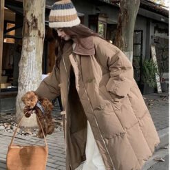 Womens Fashionable Knitted Long Cotton Coat With A Turn-Down Collar - Brown, XL
