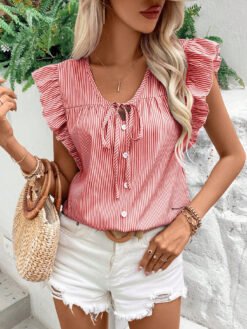 Loose Striped Top With French-Style Strap And Ruffle Sleeves - Red, S