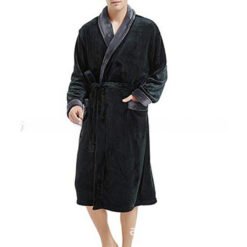Men's Large Size Bathrobe Long Sleeve Nightgown - Lapel Black With Gray, L