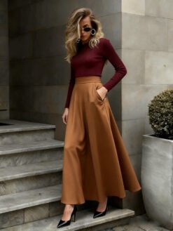 Elegant Solid-Color Skirt For Women - Khaki, L
