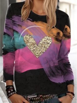 Womens Casual T Shirt With 3D Printed Crew Neck And Long Sleeves - WA28ZQ250325Y091, 5XL