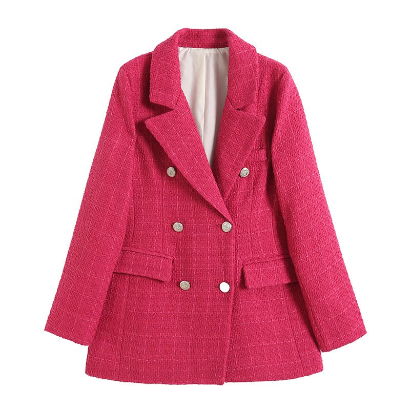 Womens 4-Color Textured Double-Breasted Midi Blazer - Image 5
