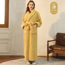 Autumn And Winter Thickened Cotton Velvet Nightgown Men's Winter Plus-sized Plus Size Light Luxury Couple Bathrobe Women's Extended Pajamas - 2102 Cherry Yellow Women, M