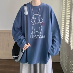 Cartoon Puppy Printed Long Sleeve T-shirt - Haze Blue, 2XL