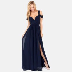 Long Floor Length Elegant Greek Style Pleated Dress - Blue, L