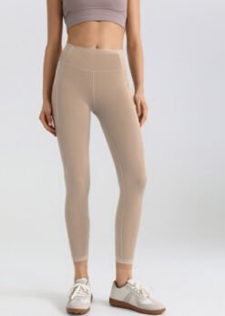 Mesh Side-pocket Stretchy Athletic Leggings - Khaki, M