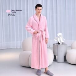 Extended Autumn And Winter Coral Fleece Bathrobe - Pink, L