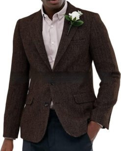 Mens Brown And Gray Herringbone Wool Suit Jacket - Coffee, L