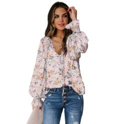 Shiying Autumn Lightweight Floral Chiffon Blouse With Long Sleeves - Apricot, XL