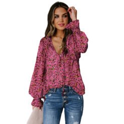 Shiying Autumn Lightweight Floral Chiffon Blouse With Long Sleeves - Deep Rose, XL