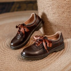 Womens Retro Silk Lace-Up Chunky-Heel Pumps - Brown, 34