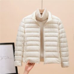 Womens Lightweight Padded Short Down Jacket - White Stand Collar, 2XL