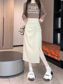 Womens Stylish High-waisted Slimming Split Skirt - Apricot, XS