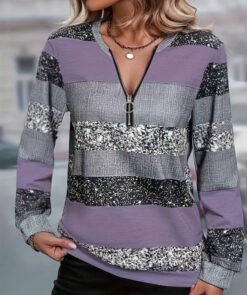 Womens FallWinter Crew-Neck Printed Loose-Fit Zip-Up Hoodie With Long Sleeves - NLW04349, S