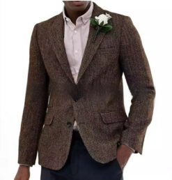 Mens Brown And Gray Herringbone Wool Suit Jacket - Dark Brown, XL