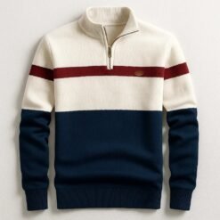Business Stand-collar Knitwear Half-zip Long-sleeve T-shirt Color-block Pullover Sweaterpremium Quality - White, L