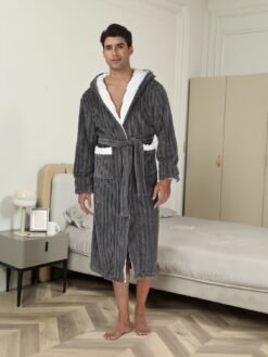 Thick Night-robe Flannel Men's Long Hooded Lace Bathrobe - Dark Gray, L