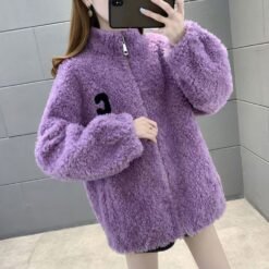 Womens Double Sided Short Shearling Coat - Purple, 4XL