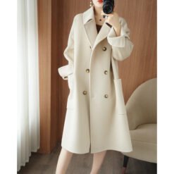Long Below-the-Knee Double-Breasted Wool Coat In Korean Style - Beige, L