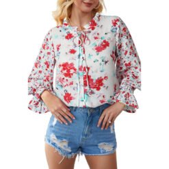 Shiying Autumn Lightweight Floral Chiffon Blouse With Long Sleeves - Red, L