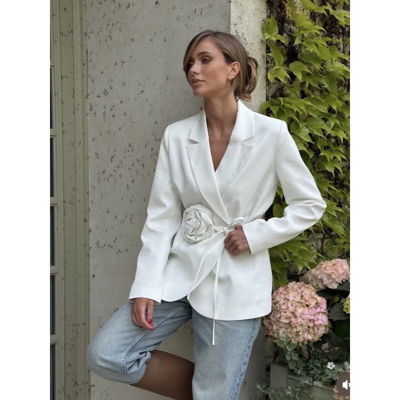 Womens Loose-Fit Lace-Up Blazer With 3D Floral Embellishments - Image 8