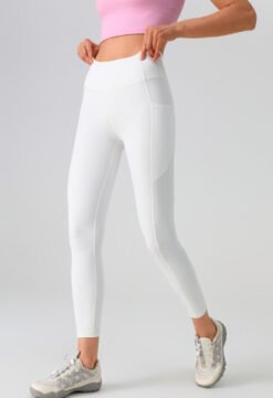 Mesh Side-pocket Stretchy Athletic Leggings - Milky White, XXL