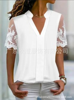 Womens Casual White V-Neck Lace Short-Sleeve Top - White, S