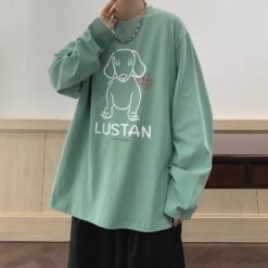 Cartoon Puppy Printed Long Sleeve T-shirt - Light Green, L
