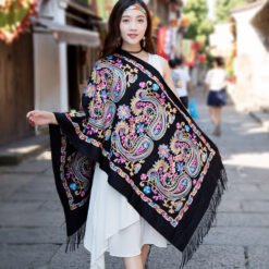 Embroidered Ethnic-Style Great Wall Cashew-Pattern Embroidery Cashmere Scarf - Black, 200cm