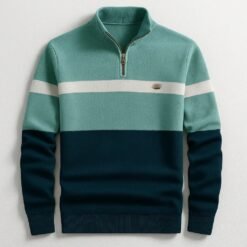 Business Stand-collar Knitwear Half-zip Long-sleeve T-shirt Color-block Pullover Sweaterpremium Quality - Green, 2XL