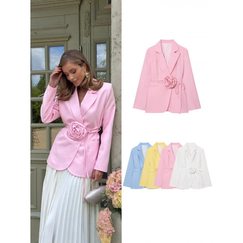 Womens Loose-Fit Lace-Up Blazer With 3D Floral Embellishments - Image 2