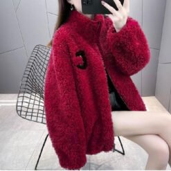 Womens Double Sided Short Shearling Coat - Wine Red, XL