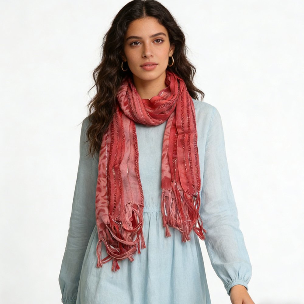 Pink Leopard Viscose Scarf With Metallic Threads - Long Boho Scarf 67inchx24inch