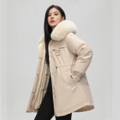 Mid-length Versatile Cotton Coat That Hits Below The Knee With A Fur-trimmed Collar - Beige, L
