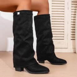 Autumn Chunky-Heel Plus-Size British-Style Over-the-Knee Boots - Black Cloth Surface, 38
