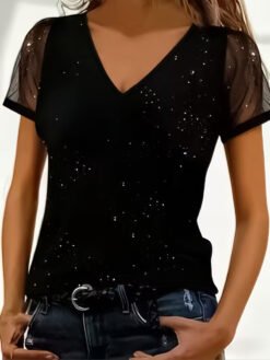 Short Sleeved Loose V-neck Fashionable Casual T-shirt - Black, S