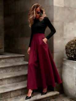 Elegant Solid-Color Skirt For Women - Wine Red, 2XL