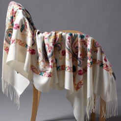 Embroidered Ethnic-Style Great Wall Cashew-Pattern Embroidery Cashmere Scarf - Milky White, 200cm