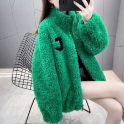 Womens Double Sided Short Shearling Coat - Green, 5XL