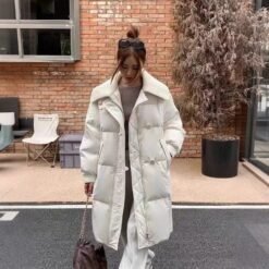 Womens Fashionable Knitted Long Cotton Coat With A Turn-Down Collar - White, 2XL